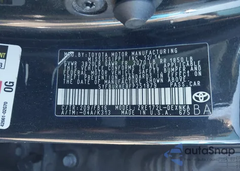 2015 Toyota Corolla Le из США, поврежденный, VIN 5YFBURHE8FP251879